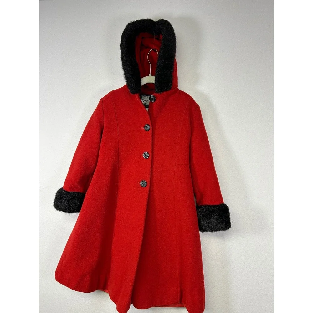 Vintage Holiday Rothschild Kids Size 6 Red Wool Hooded Faux Fur Trim Coat C56329